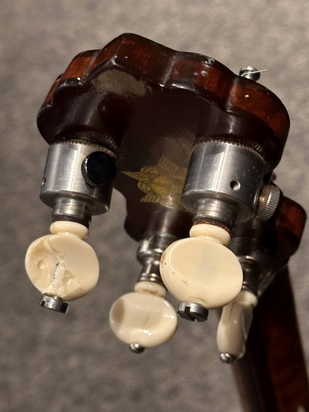 Ivoroid tuner button showing historical stress checking and mechanical D-Tuners on the 2nd and 3rd string posts